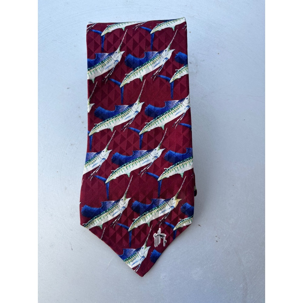 Guy Harvey Classic Mens‎ Silk Tie Burgundy Blue Marlin Sailfish Fishing Made USA